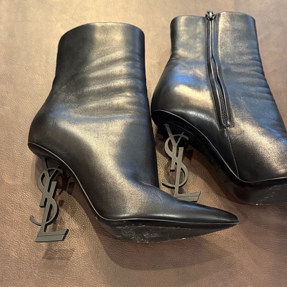 Saint Laurent Black Leather Ankle Boots with YSL Logo Heels